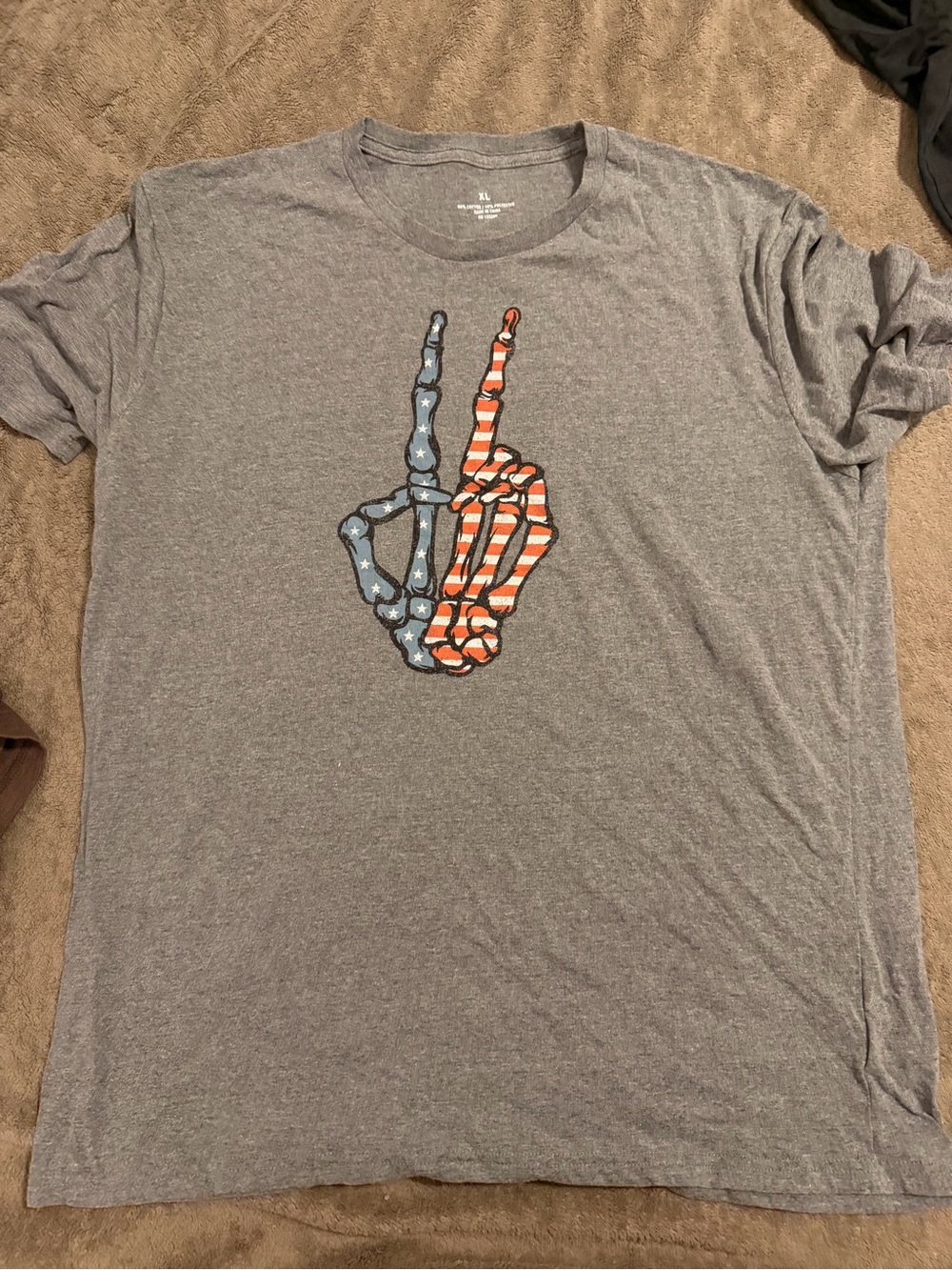 Gray Tee with American Flag Skeleton Hand Graphic